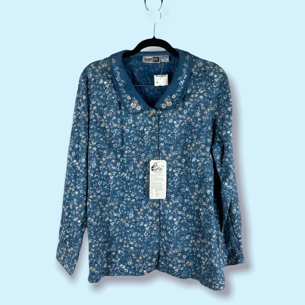 Vintage Krazy Kat Blue Floral Blouse - M NWT